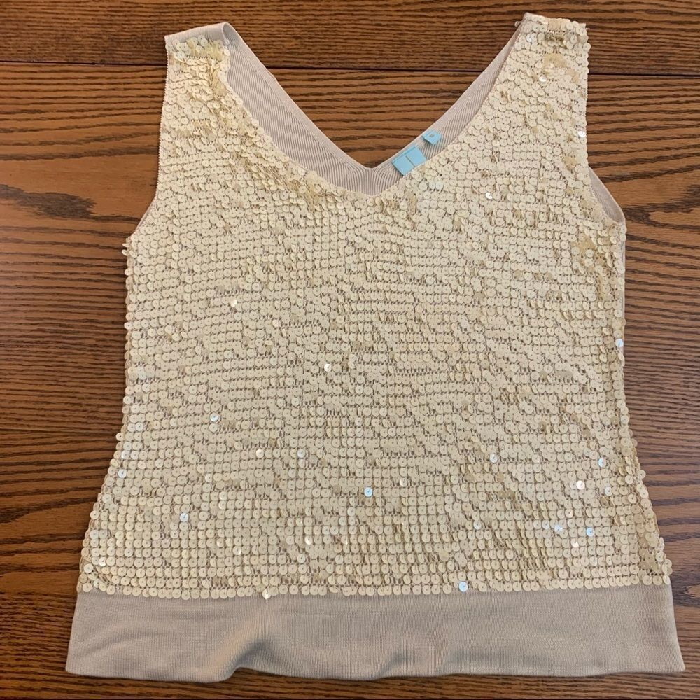 ShuShu Cream Ivory Sequin Paillette Silk Tank Top 75% Silk Knit Size Small - Picture 9 of 16
